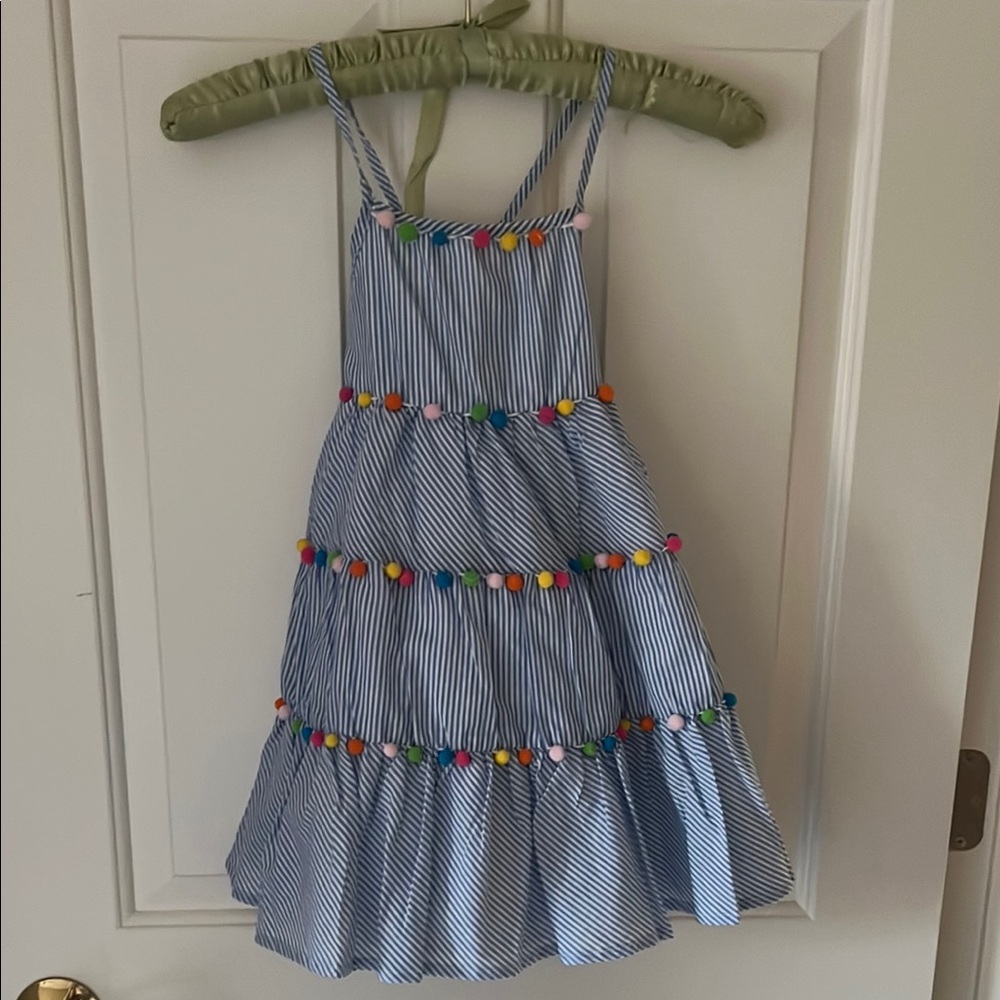 Striped Blue Dress with Colorful Pom Poms